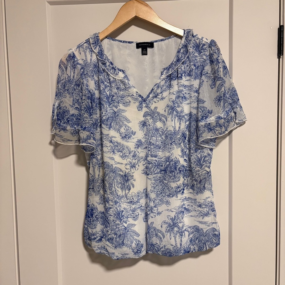 Tamara H Blue & White Safari Blouse Flowy Palm Tree Print - Small